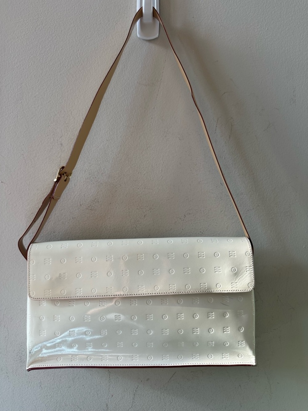 Arcadia White Patent Shoulder Bag with Tan Strap